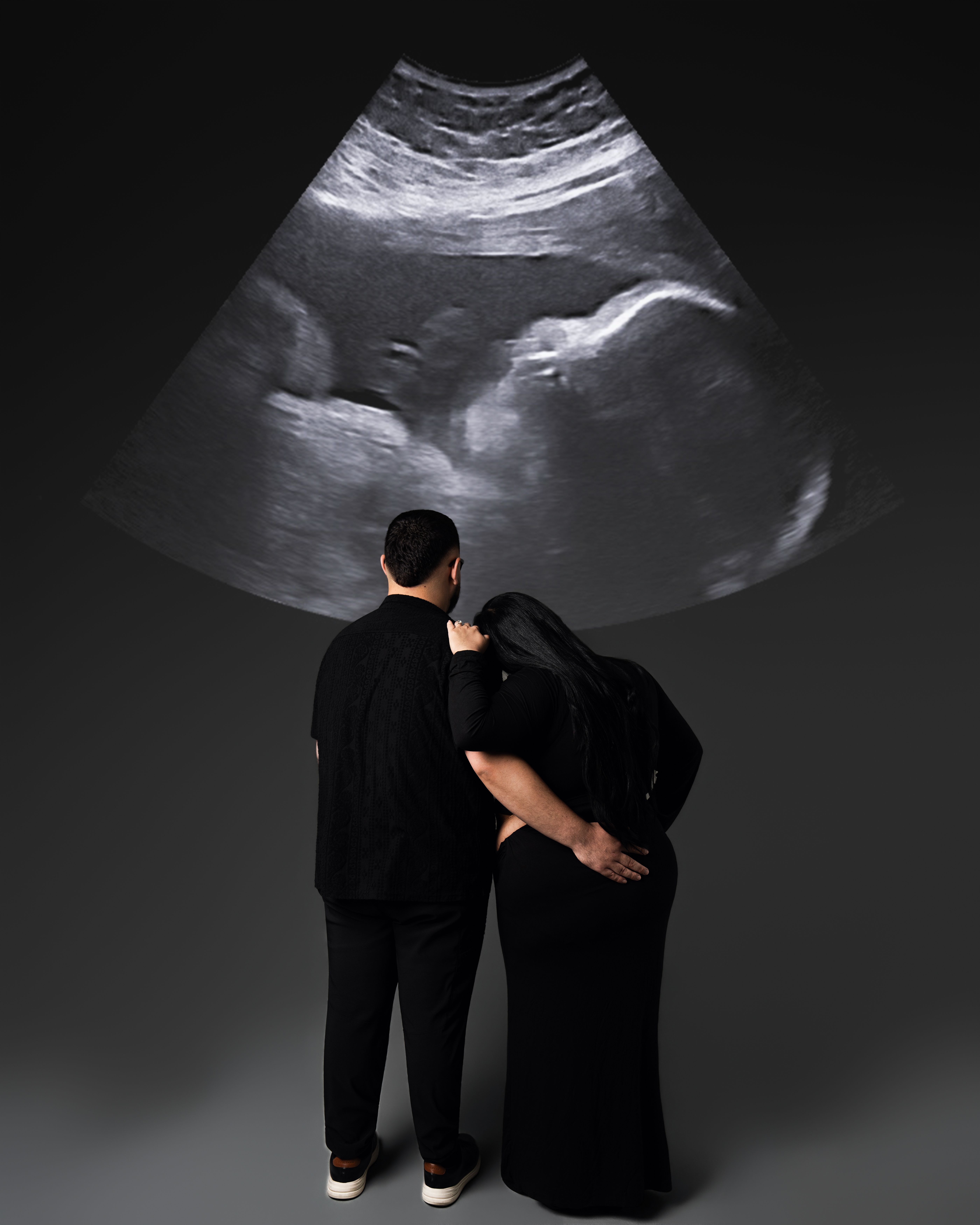 Black dress maternity studio portrait in Mountain View, California