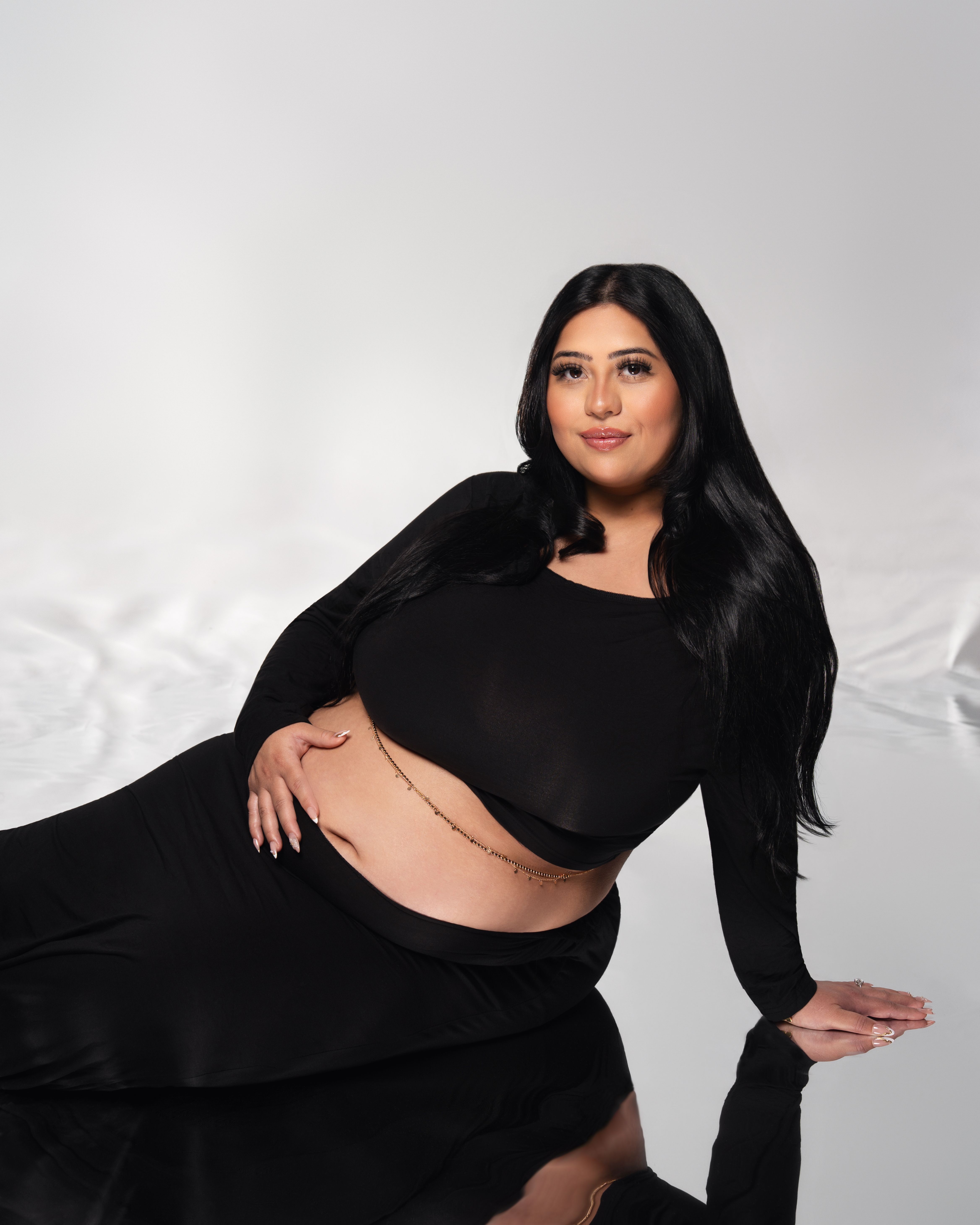 Studio maternity portrait with a belly chain in Burlingame, California