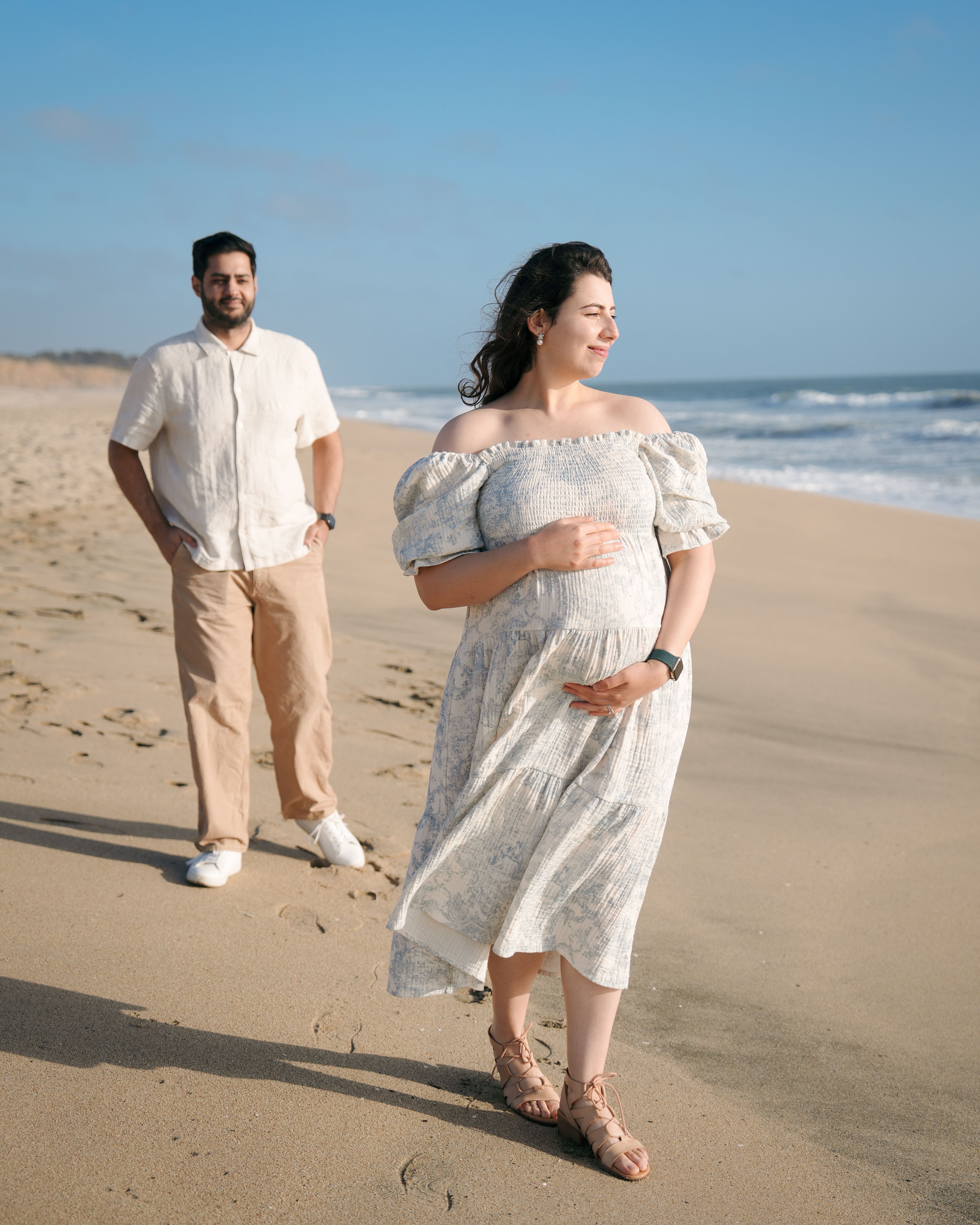 Barefoot maternity portrait on the sand in Millbrae, California